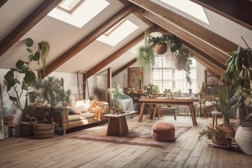 Boho mezzanine living room, blurred backdrop. with gabled ceiling. Decorated potted plants. Mediterranean decor,. Generative AI - obrazy, fototapety, plakaty