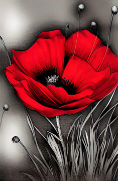 black and red drawing of poppy flowers on a white background, ink, design