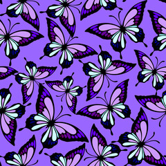 seamless pattern of bright colored butterflies on a purple background, texture, design © Yuliia