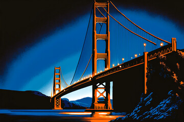 San Francisco's Golden Gate Bridge contrasts with the deep blue water and sky, creating a dramatic effect and symbolizing the city's iconic status. Generative AI