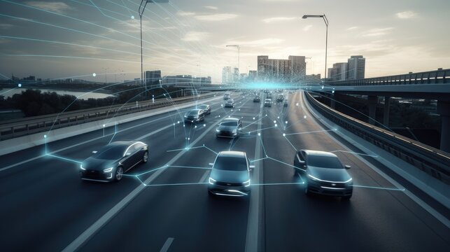 5G data stream, autonomous driving, running over a street in a landscape, generative ai