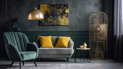 Abstract painting on grey wall of retro living room interior with beige sofa with pillows, vintage dark green armchair and yellow pouf with book, generative ai