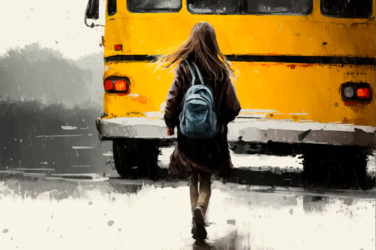 Student girl walking to the school yellow bus. Rainy day. Rough brushstroke. Watercolor illustration. Schoolgirl with a backpack. Loneliness. Image. Digital painting.