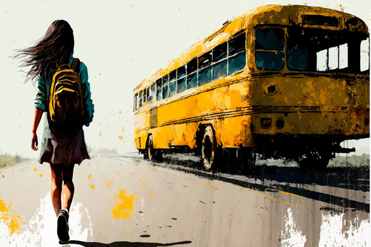 Student girl walking to the school yellow bus. Sunny day. Rough brushstroke. Watercolor illustration. Schoolgirl with a backpack. Loneliness. Image. Digital painting.