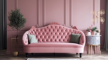 Front view of a pink sofa with pillows and blanket, vintage cupboard in the background in a glamorous living room interior, generative ai