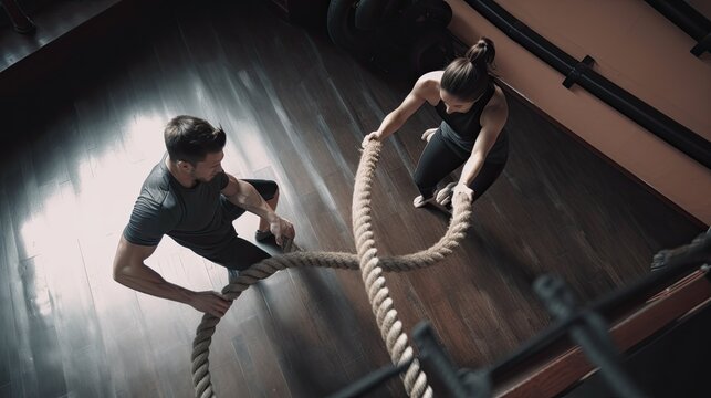 High angle view of athletic couple moving up the rope during gym training, generative ai
