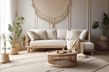 Modern beige living room with macrame sofa and circular rug. Cottage interior. Generative AI