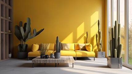 Modern living room interior villa or resort decoration with yellow color concrete wall long cactus in in glass semi-outdoor room. generative ai