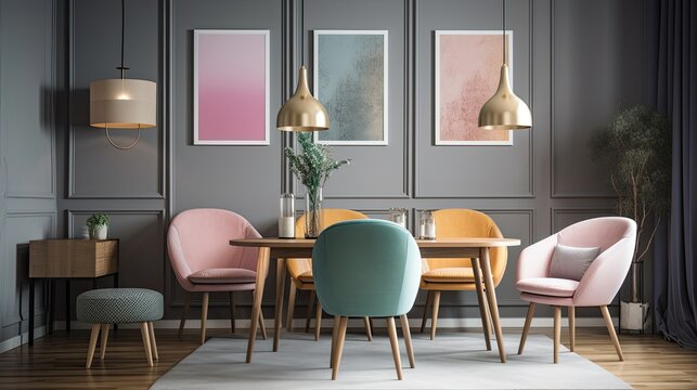 Modern colorful chairs at dining table under pastel lamps in living room interior with pillows on settee against wall with poster, generative ai