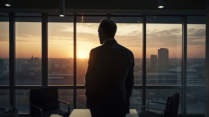 Portrait of male CEO in big corner office, looking out of window, at sunset . back view, generative ai