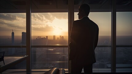 Fototapeta na wymiar Portrait of male CEO in big corner office, looking out of window, at sunset . back view, generative ai