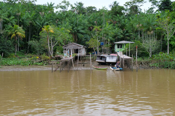 views from Amazon river of shanty village houses and people lifestyle at amazonas riverbank
