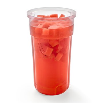 picture of a tall plastic cup filled with watermelon and carrot juice, which is a natural color. The drink has been carefully placed on a pristine white background, arranged generative ai