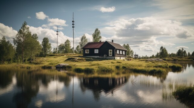 Remote cottage in a landscape at a lake connected with 5G data stream, generative ai