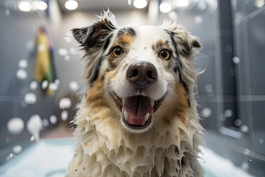 Generative AI Illustration of an adorable and happy dog in the bathtub of a dog groomer full of soap