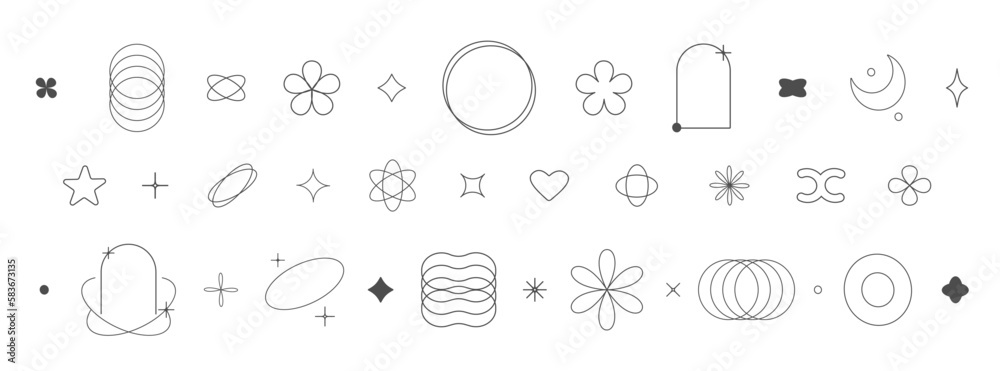 Poster Aesthetic y2k geometric shapes. Simple trendy geometry shapes. Retro line art design elements. Vector illustration isolated on white background.