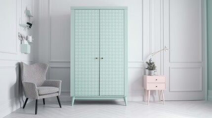 spacious, pastel office interior with mint cupboard standing against white wall with copy space next to an armchair with houndstooth pattern, generative ai