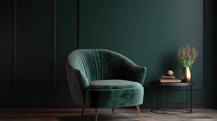Stylish Modern living room has an armchair on empty dark green wall background, generative ai