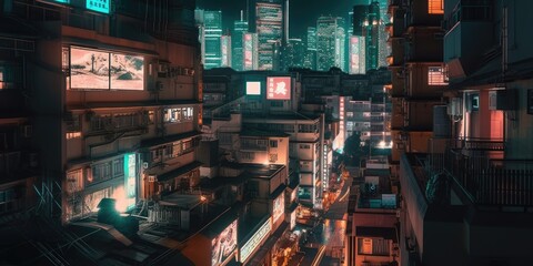 Cyberpunk downtown city cars and people concept, neon lights and signs, illustration, AI
