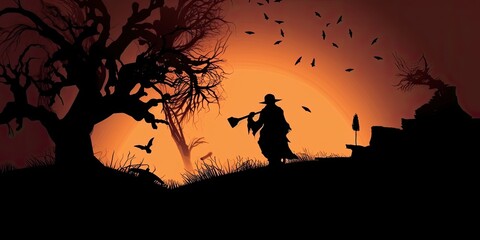 Halloween silhouette, Witch, pumpkins and bats, illustration image, AI