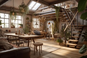 Boho style mezzanine living and dining room. Couch and dining table. Decorated potted plants. Bohemian decor,. Generative AI