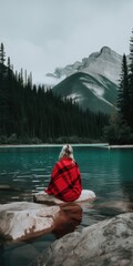 Lady siting on a rock in front of lake in the forest looking at mountains, Canadian mountains, AI