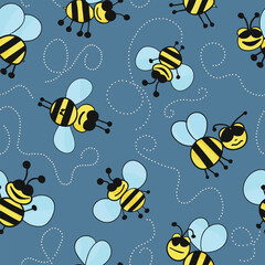 Cute seamless hand-drawn vector pattern with yellow flying bees on navy blue background. Childish and funny hand-drawn bumble bugs have joyful and happy summer vibes. Comical doodle cartoon drawing.