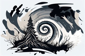 Lonely spruce against of swirling sky black and white digital illustration