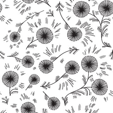 Bold hand-drawn wildflowers pattern. The black and white monochrome aster flower design is a rustic folkish doodle drawing. Seamless floral vector pattern has a boho and vintage vibe.
