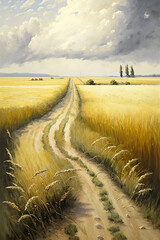 a painting of a dirt road through a wheat field, rural landscape, country, art illustration 