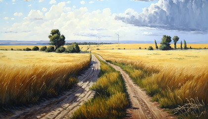 Fototapeta premium a painting of a dirt road through a wheat field, rural landscape, country, art illustration 
