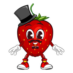 vector illustration of the mascot character of a mustached strawberry with a bow tie and wearing a long hat