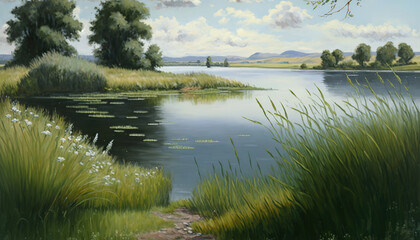 a painting of a lake surrounded by grass and trees, peaceful landscape, art illustration 