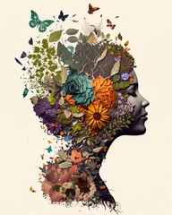 Garden poster Butterflies in Grunge a woman's head with flowers and butterflies for international women's day, woman in flowers, art illustration 