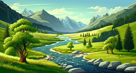 a river running through a lush green valley, cartoon landscape , art illustration 