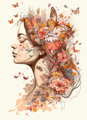a woman's head with flowers and butterflies for international women's day, woman in flowers, art illustration 