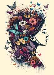 Wallpaper murals Butterflies in Grunge a woman's head with flowers and butterflies for international women's day, woman in flowers, art illustration 