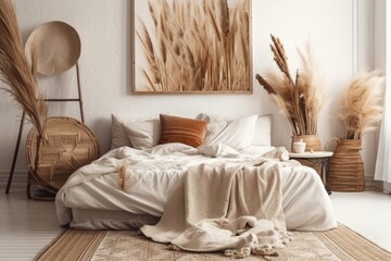 Vertical frame mockup on floor in boho bedroom with wooden bed, beige blanket, cushion with tassels, dried pampas grass on white wall. Generative AI
