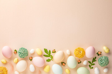 Easter eggs on a light pink background with a blank copy space for Easter