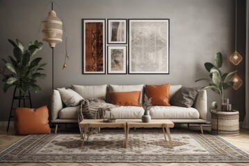 Warm gray Scandinavian bohemian living room,. Generative AI