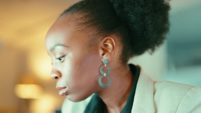 Phone call, frustrated and hang up with black woman in office for negotiation, communication and angry at night. Risk, bad news and project crisis with employee for solution, problem and mistake