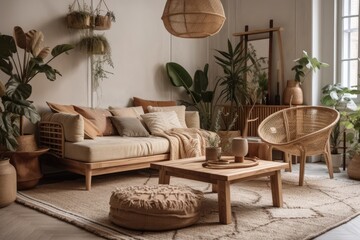Beautiful living room with wooden couch and houseplants. Generative AI