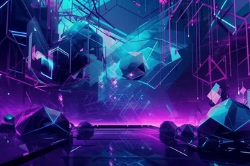 Keuken foto achterwand Fantasie landschap AI-Generated Cosmic Space Station,  Portal - Neon light Glow, Abstract Landscape, with Mountains in Space Psychedelic art, Wallpaper, Globe, Glass, Sacred Geometry