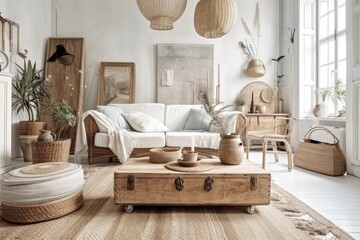 White and bleached wood farmhouse living room with sofa, rattan chest of drawers, jute carpet, and décor. Boho chic decor,. Generative AI