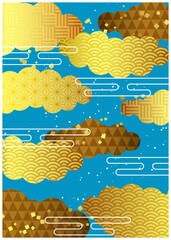 金の吉祥文様雲の和風背景タテ青