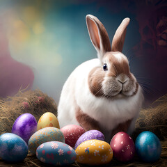 Adorable White Rabbit with Patchy Brown Head Amidst Colorful Easter Eggs in the Foreground