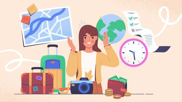 Travel preparation and vacation planning. Young moving girl makes list or plan for comfortable journey. Buying ticket, packing bag, analyzing budgets and finding routes. Flat graphic animated cartoon