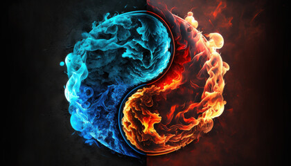  Yin-yang or Tai Chi symbol made of red and blue fire on black background created with generative AI technology - obrazy, fototapety, plakaty