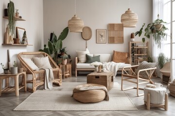 Modern living room with rattan chairs, cushions, plaid, beige macrame, wooden cubes, tropical plants, and exquisite accessories. Decoration. Eucalyptus. Generative AI