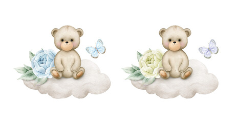 A cute teddy bear with flower sitting on a cloud.